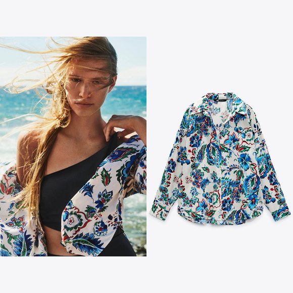 NEW Zara POPLIN Button up Floral Shirt Blouse- Size S OVERSIZED - Picture 1 of 16